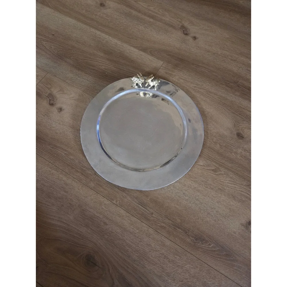 90s Hecho en Mexico Silver Platter with Brass Bunny Rabbits Round Charger
